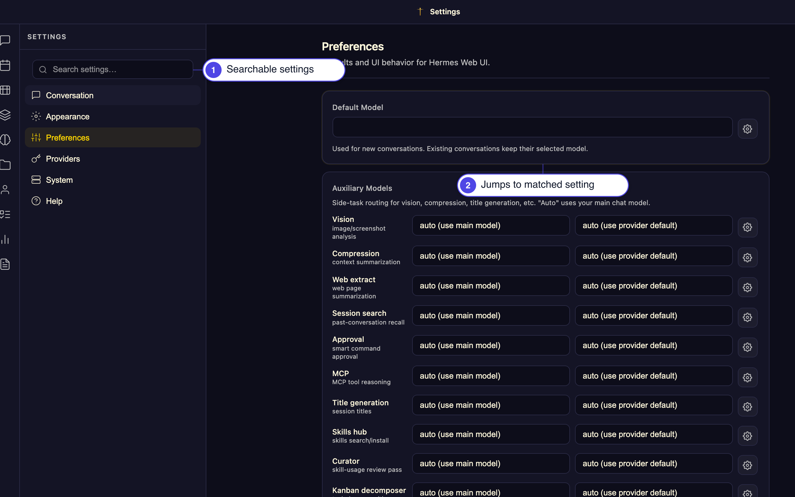 Select a setting from search results